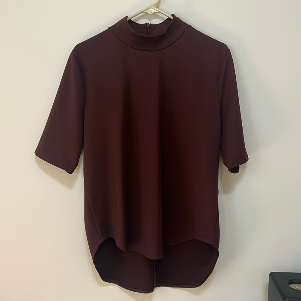 Zara burgundy top - mock neck tunic high low curved hem zip - L